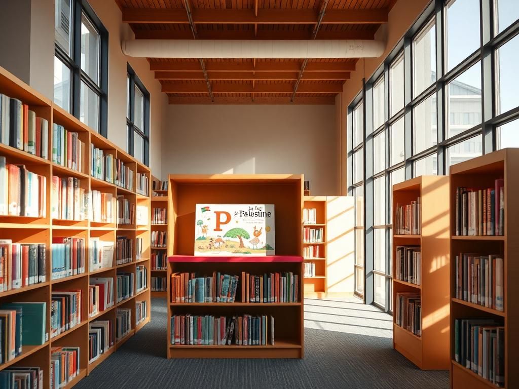 Flick International A colorful children's book section in a library featuring the book 'P is for Palestine.'