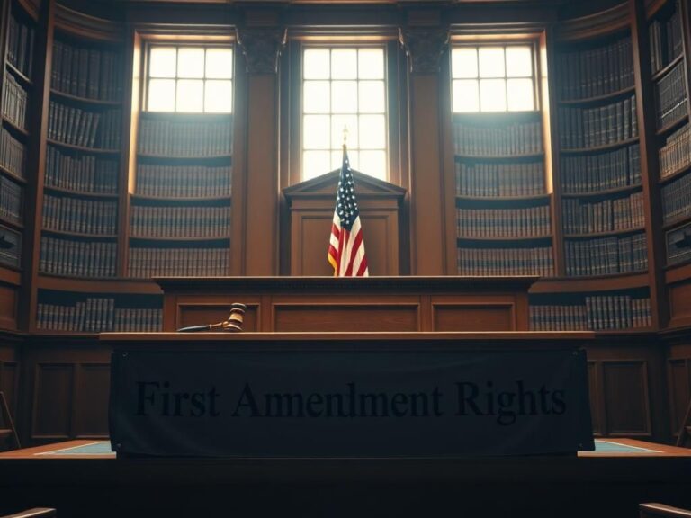 Flick International Dramatic courtroom scene featuring a wooden judge's bench and American flag