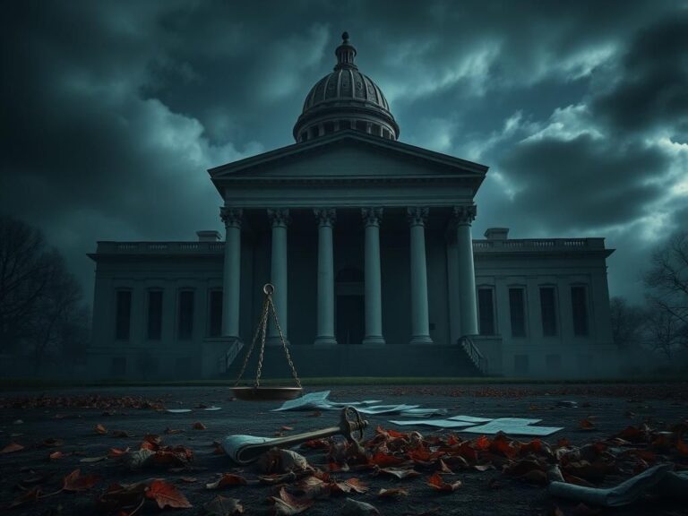 Flick International Dark scene of an abandoned government building symbolizing decay and distrust in federal institutions