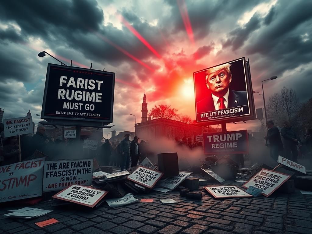 Flick International Abstract protest scene with scattered signs and a dramatic sky