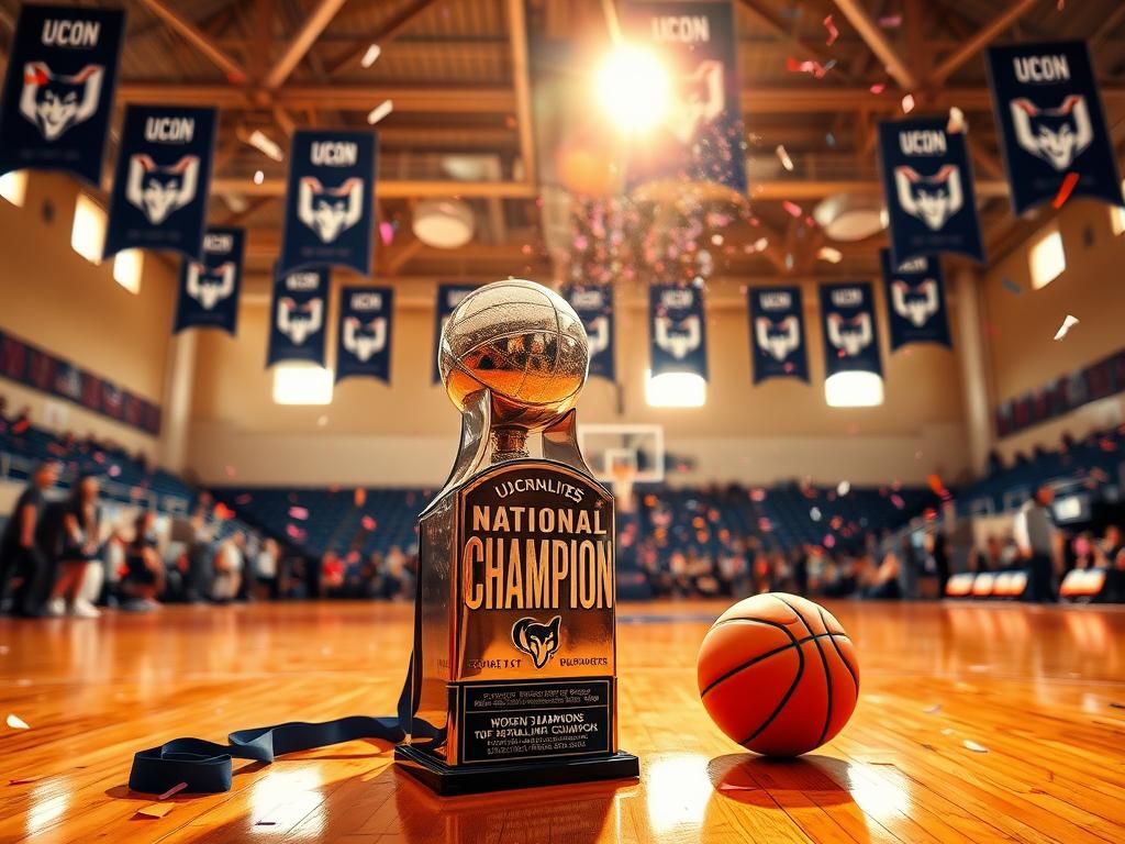 Flick International Championship trophy on wooden gym floor celebrating UConn Huskies' victory