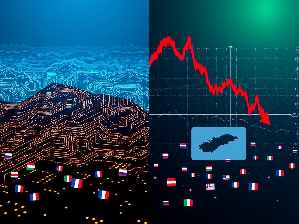 Flick International Split-screen image illustrating AI technology and economic turmoil