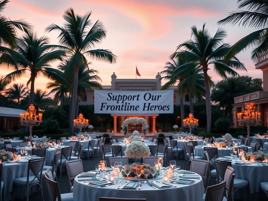 Flick International A serene evening gala at Mar-a-Lago with elegant tables and a supportive banner for frontline heroes