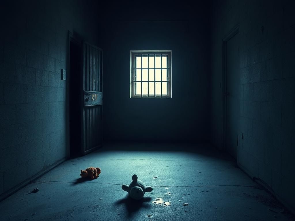 Flick International Dimly lit prison cell symbolizing confinement and fear with an overturned child's toy