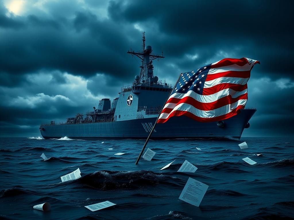 Flick International A weathered naval ship anchored in a stormy sea with NATO insignia visible