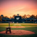 Flick International A serene baseball field at dusk with an empty microphone on the pitcher's mound
