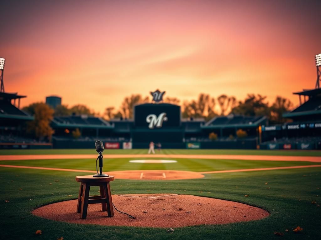 Flick International A serene baseball field at dusk with an empty microphone on the pitcher's mound