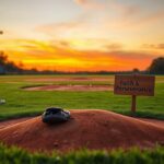 Flick International A serene baseball field at sunset with an empty pitcher's mound, symbolizing resilience and hope