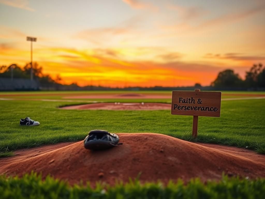 Flick International A serene baseball field at sunset with an empty pitcher's mound, symbolizing resilience and hope