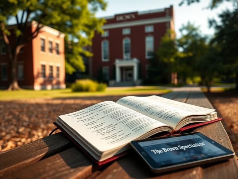 Flick International Close-up view of Brown University's campus featuring a brick building, trees, and a bench with academic notes