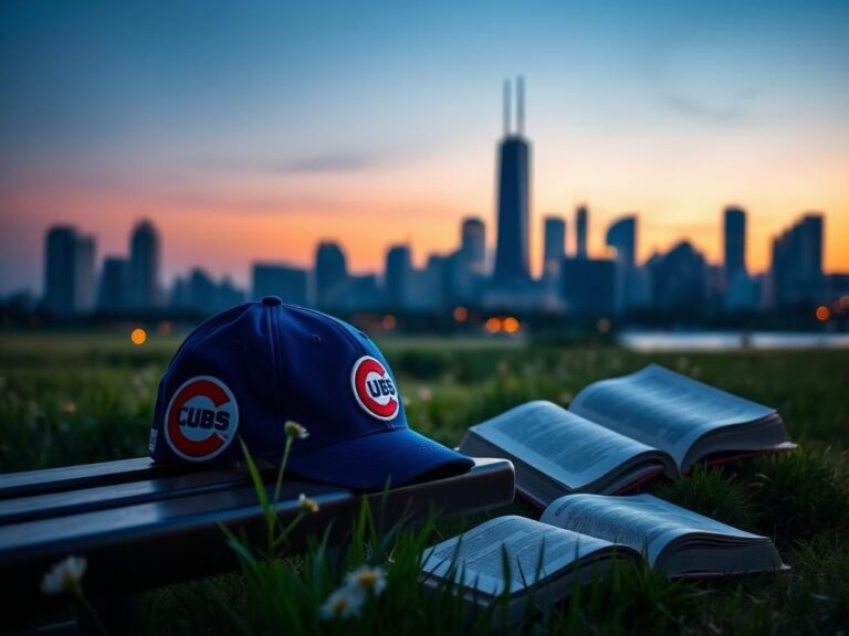 Flick International A serene Chicago skyline at dusk with a Cubs cap on a bench
