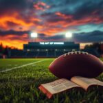 Flick International A football field at sunset with a lone football and a stadium silhouette