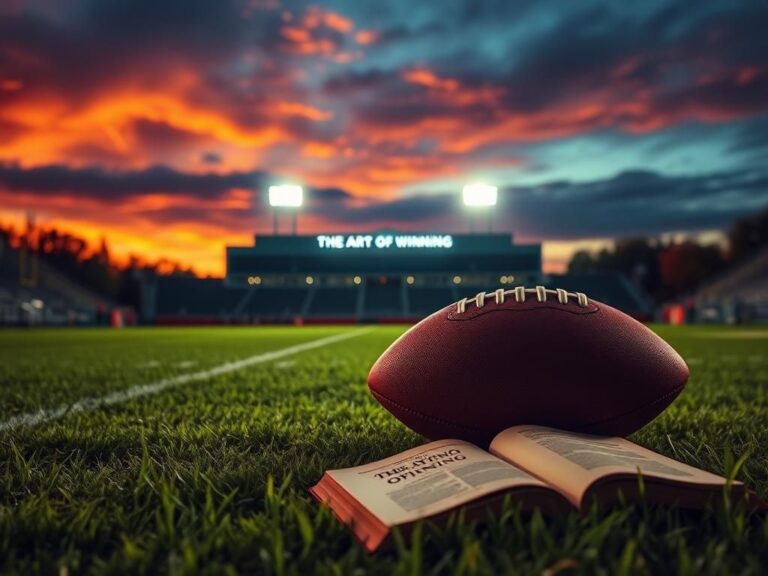 Flick International A football field at sunset with a lone football and a stadium silhouette