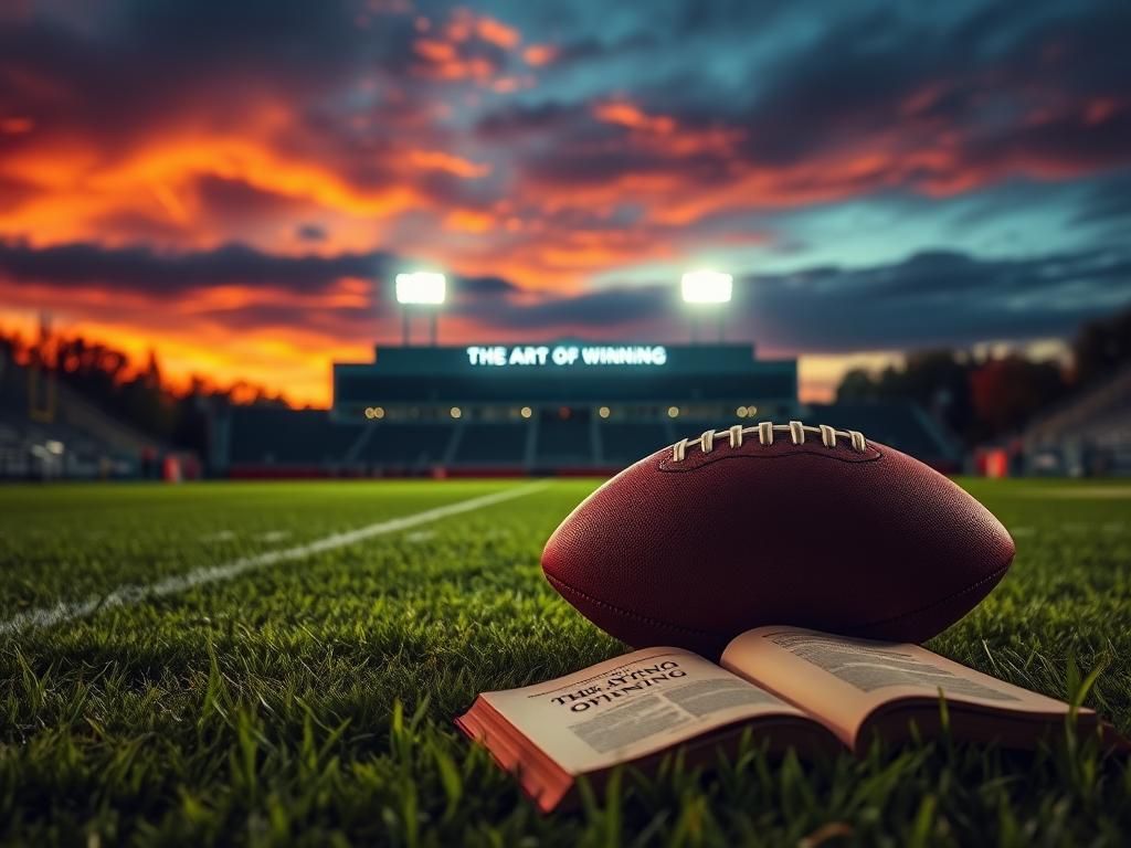 Flick International A football field at sunset with a lone football and a stadium silhouette