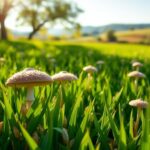 Flick International Clusters of protein-rich rice alternative among lush green fields and wild mushrooms