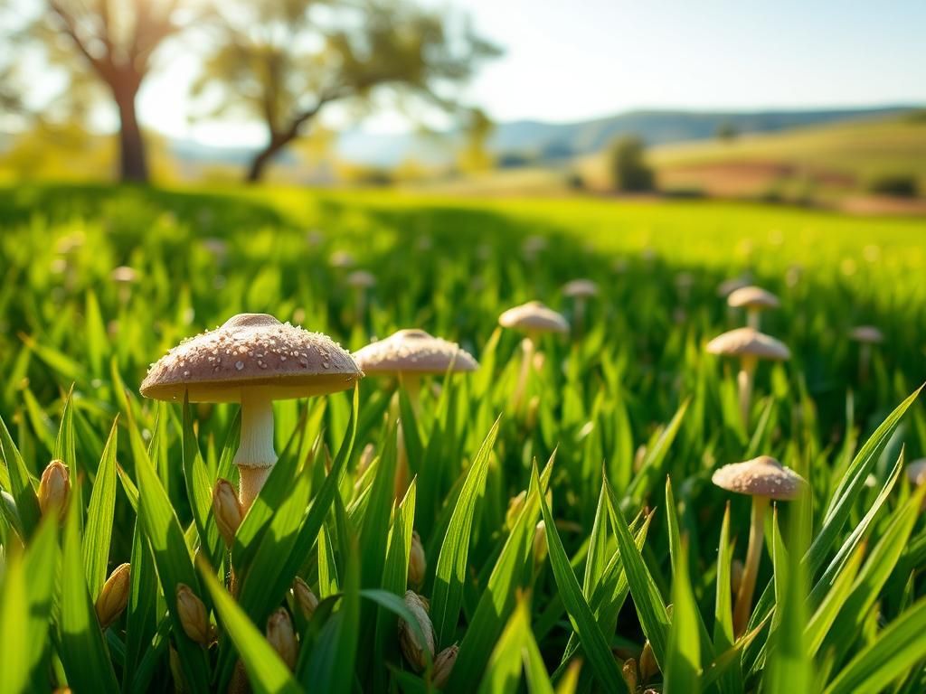 Flick International Clusters of protein-rich rice alternative among lush green fields and wild mushrooms