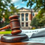 Flick International Close-up of a weathered gavel on a legal document, symbolizing a class-action lawsuit