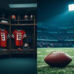 Flick International Split-image of a Cleveland Browns locker room and a football field symbolizing pressure and opportunity in football.