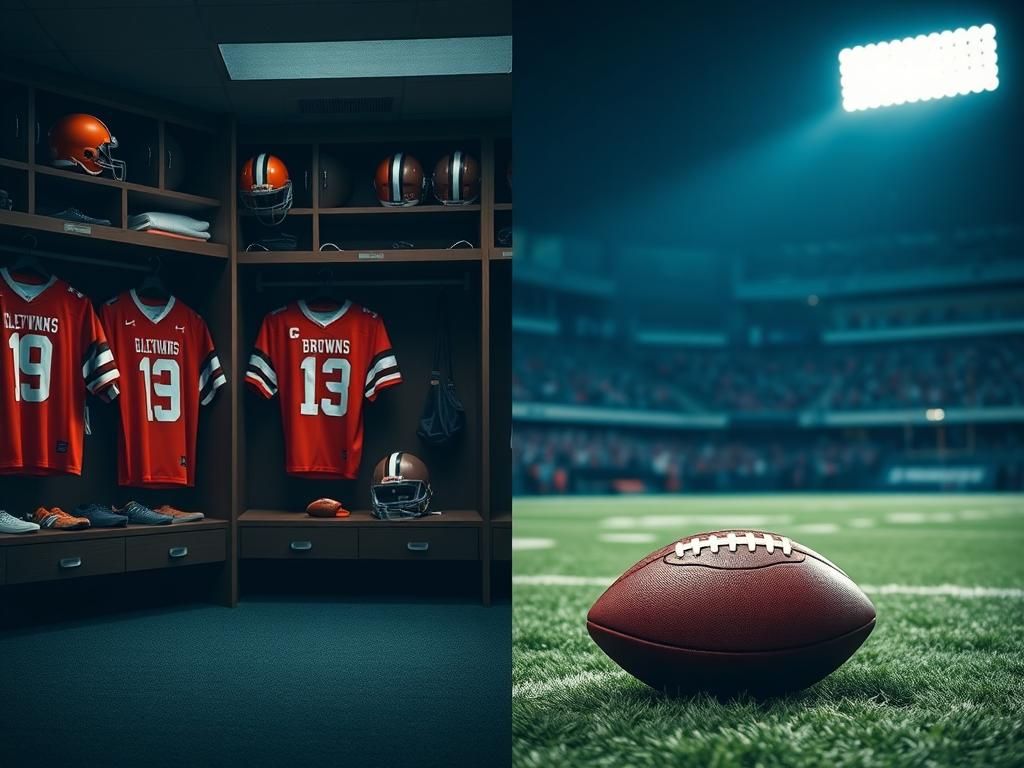 Flick International Split-image of a Cleveland Browns locker room and a football field symbolizing pressure and opportunity in football.