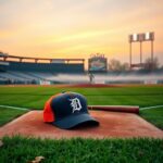 Flick International A serene baseball field at sunset with a Detroit Tigers cap on home plate, honoring Chet Lemon's legacy