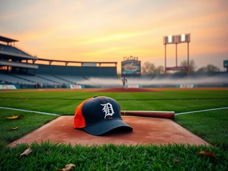 Flick International A serene baseball field at sunset with a Detroit Tigers cap on home plate, honoring Chet Lemon's legacy