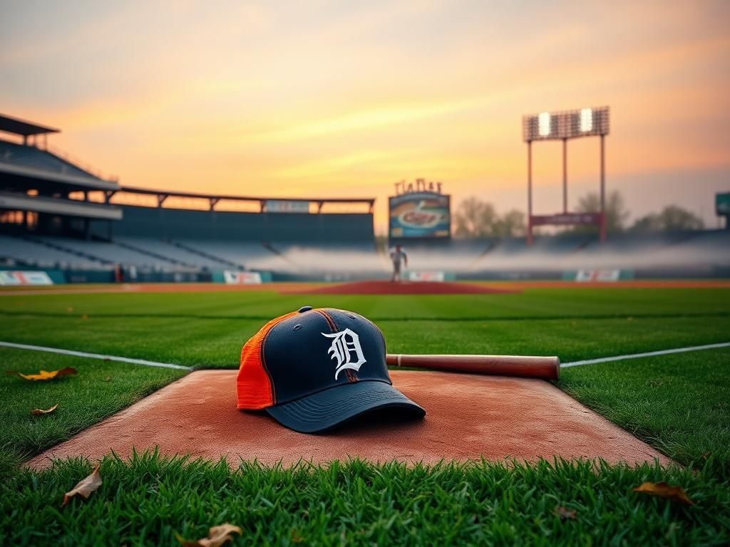 Flick International A serene baseball field at sunset with a Detroit Tigers cap on home plate, honoring Chet Lemon's legacy