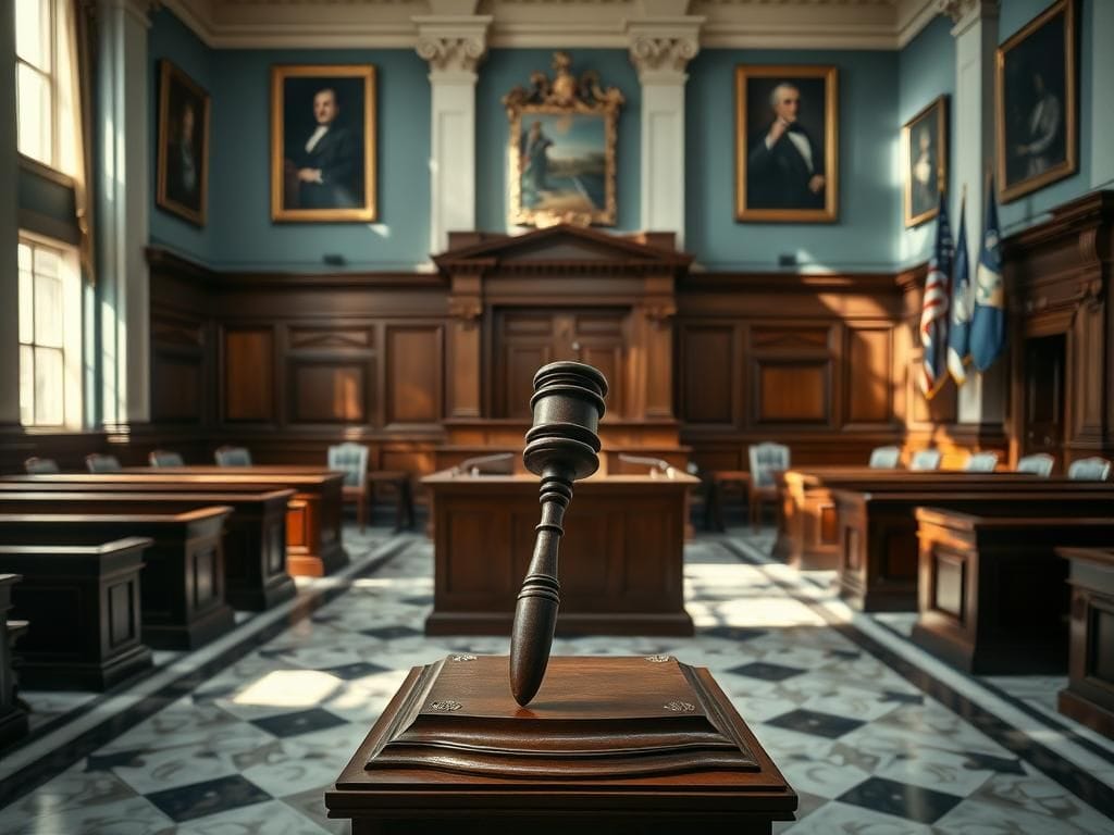 Flick International Ornate wooden podium with gavel in Maine House chamber, symbolizing governance and authority.
