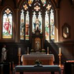 Flick International Serene interior of a historic Catholic church with stained glass windows depicting women in biblical history