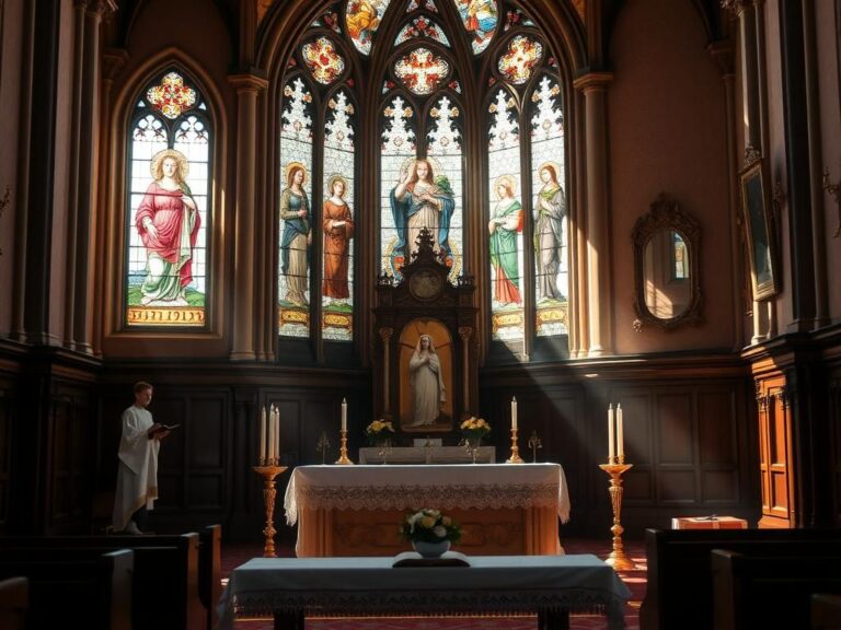 Flick International Serene interior of a historic Catholic church with stained glass windows depicting women in biblical history