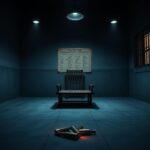 Flick International Dark execution chamber with empty gurney and discarded bullet casings