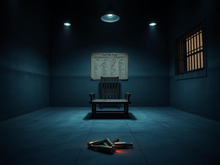 Flick International Dark execution chamber with empty gurney and discarded bullet casings