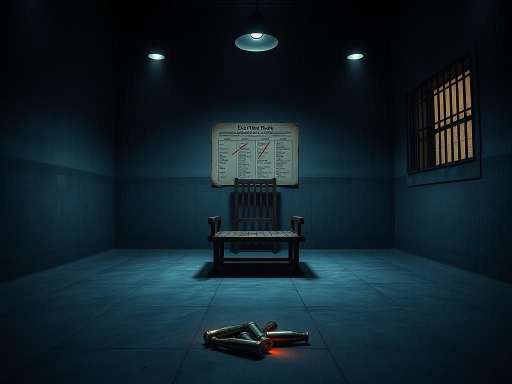 Flick International Dark execution chamber with empty gurney and discarded bullet casings