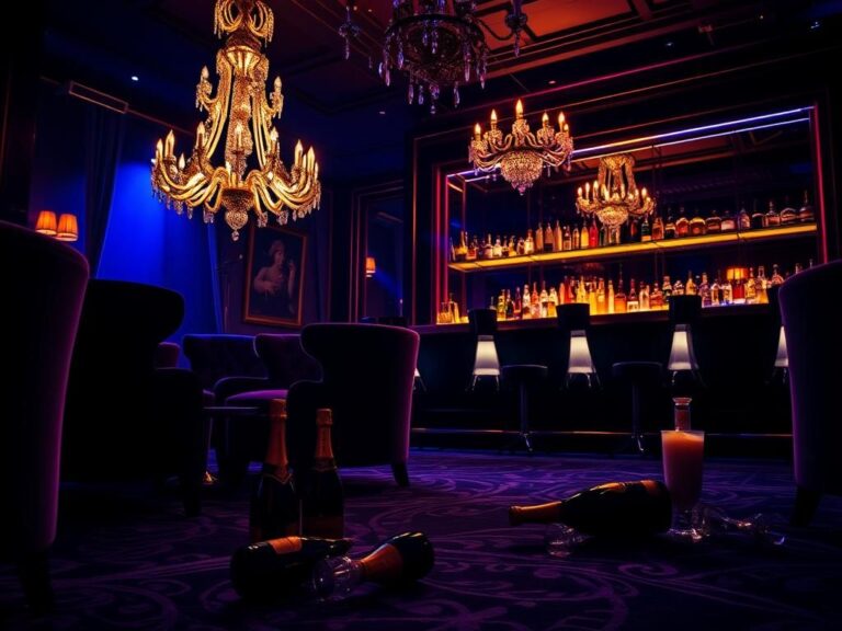 Flick International A dimly lit luxury nightclub scene with plush velvet chairs and a glimmering chandelier
