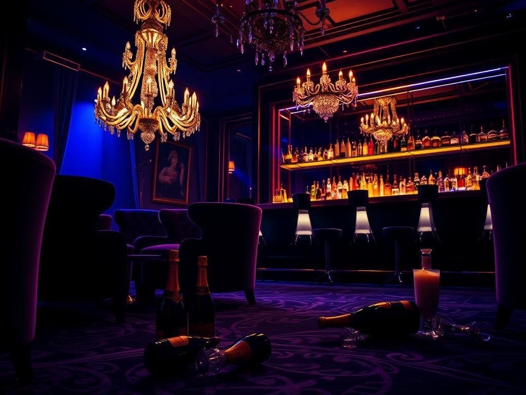 Flick International A dimly lit luxury nightclub scene with plush velvet chairs and a glimmering chandelier