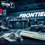 Flick International Chaotic scene at Frontier Airlines check-in kiosk with scattered luggage and flight cancellations