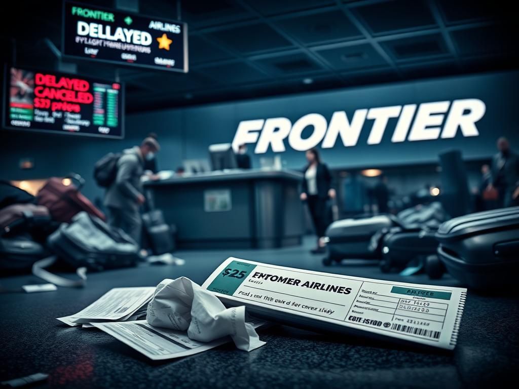 Flick International Chaotic scene at Frontier Airlines check-in kiosk with scattered luggage and flight cancellations