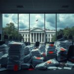 Flick International Empty government office space with stacks of discarded DEI paperwork and overturned chairs