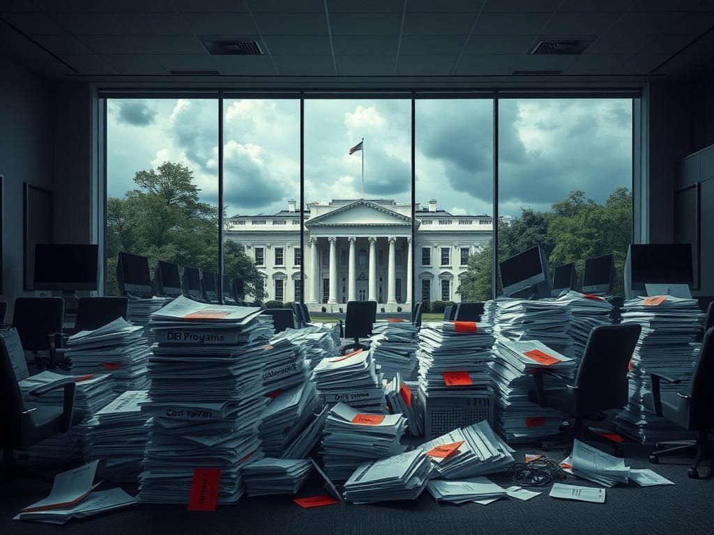Flick International Empty government office space with stacks of discarded DEI paperwork and overturned chairs