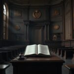 Flick International Dramatic courtroom scene with empty witness stand and ornate wooden benches