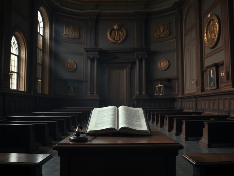 Flick International Dramatic courtroom scene with empty witness stand and ornate wooden benches