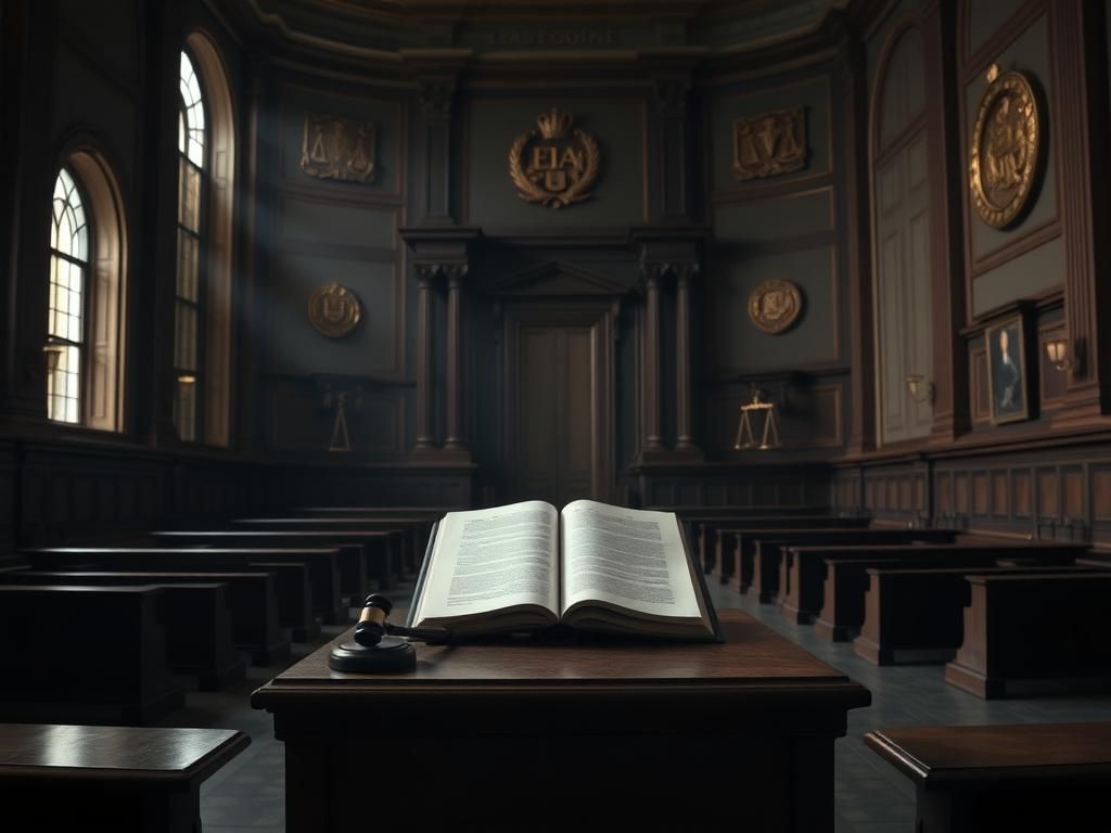 Flick International Dramatic courtroom scene with empty witness stand and ornate wooden benches