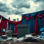 Flick International Worn-out political campaign stage with faded banners symbolizing struggle