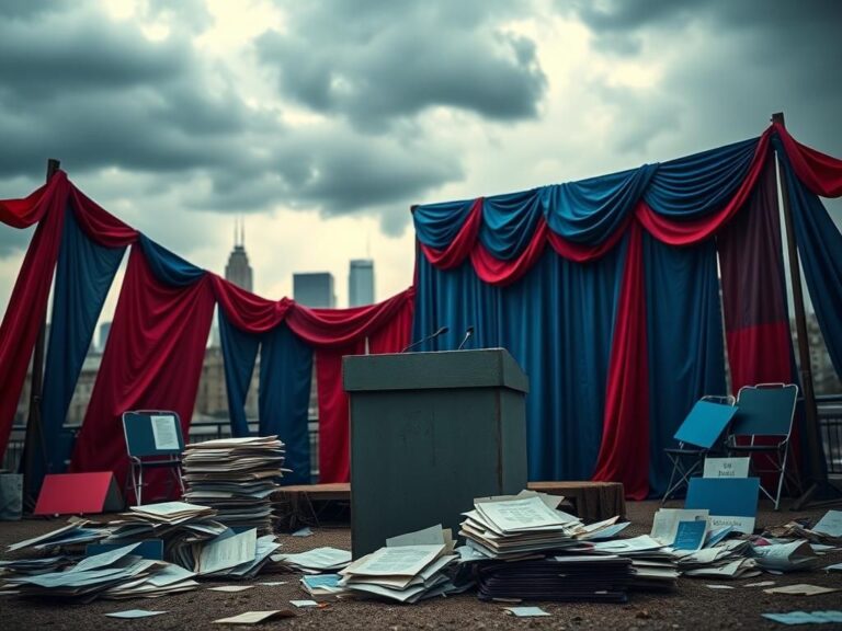 Flick International Worn-out political campaign stage with faded banners symbolizing struggle