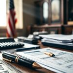 Flick International Close-up of a vintage wooden desk with financial documents and a fountain pen