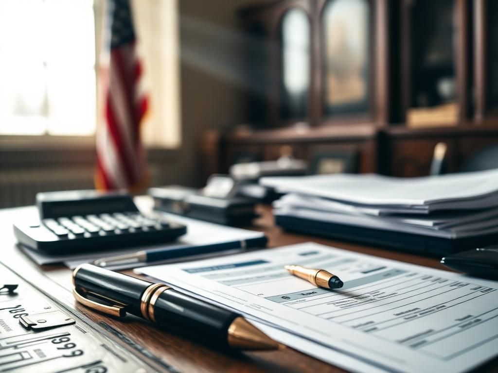 Flick International Close-up of a vintage wooden desk with financial documents and a fountain pen