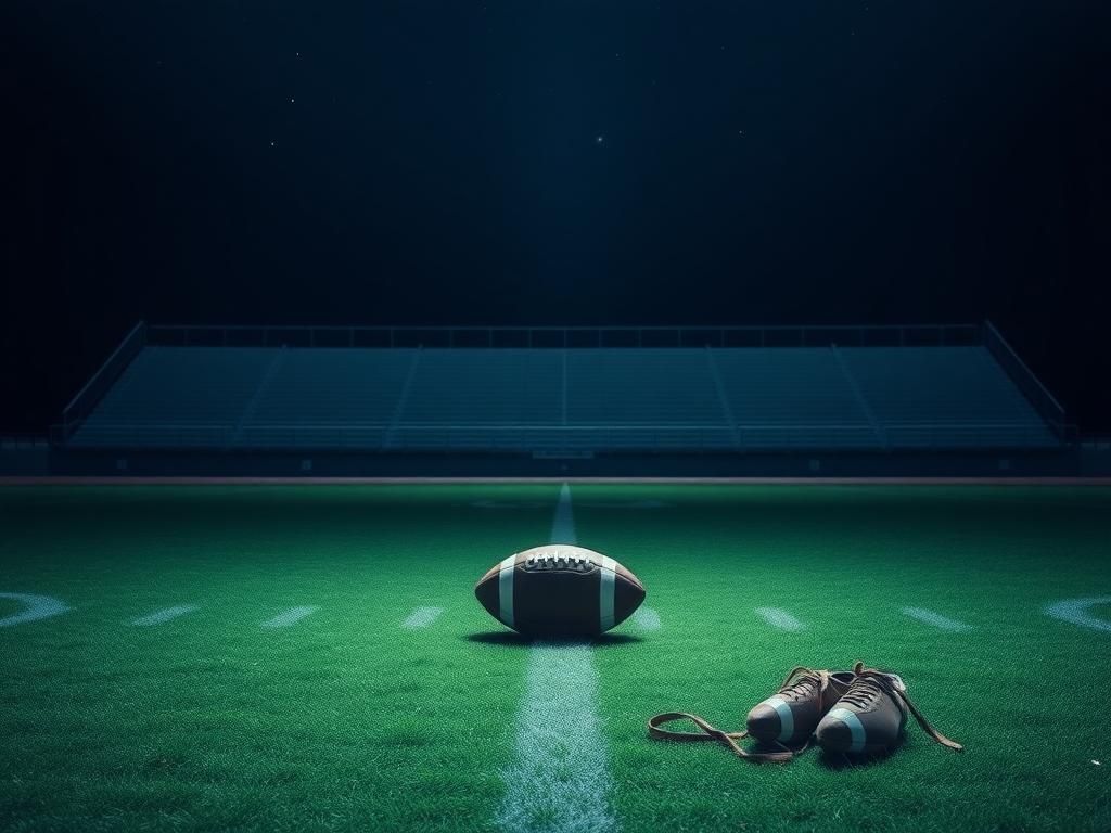Flick International A darkened football field under a starry night sky with a lone football resting near the 50-yard line