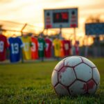 Flick International A vibrant sports field at sunset with a soccer ball and colorful jerseys symbolizing diversity in youth sports