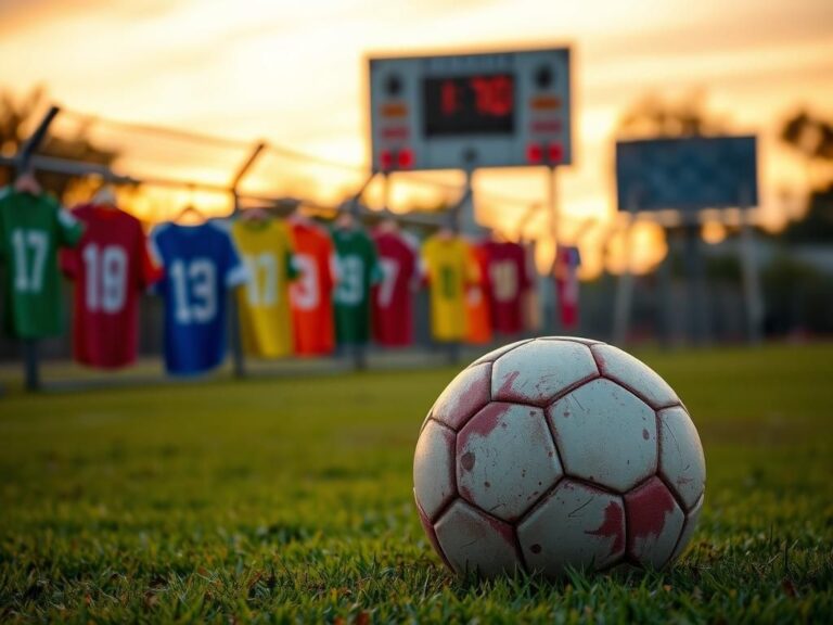 Flick International A vibrant sports field at sunset with a soccer ball and colorful jerseys symbolizing diversity in youth sports