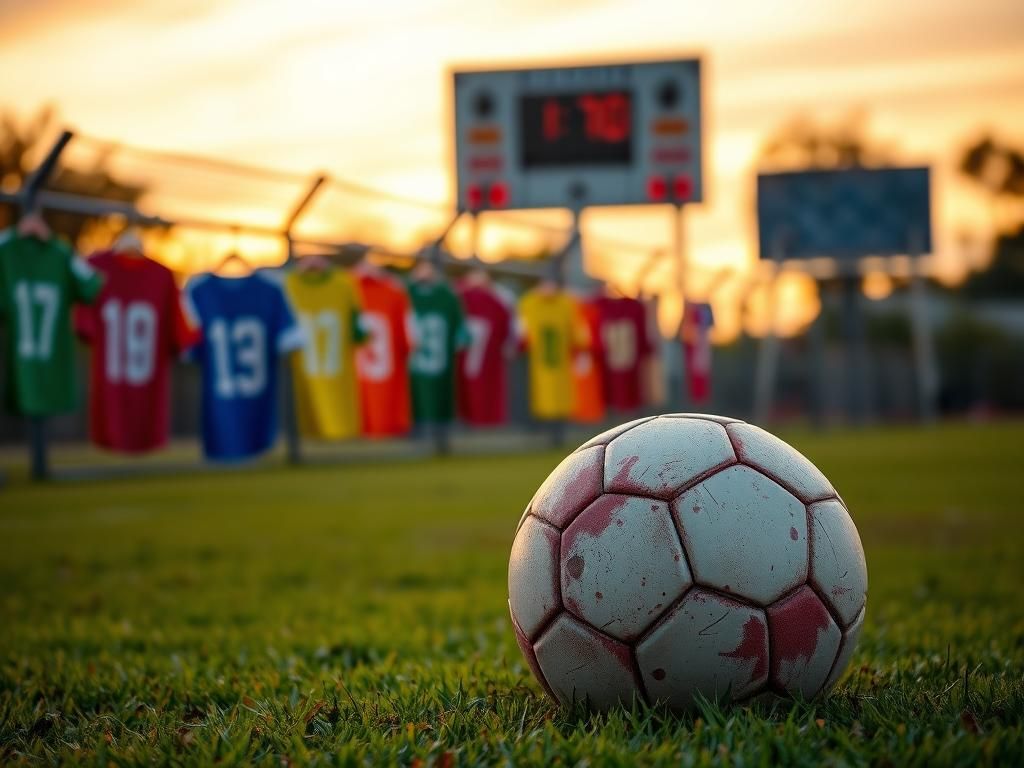 Flick International A vibrant sports field at sunset with a soccer ball and colorful jerseys symbolizing diversity in youth sports