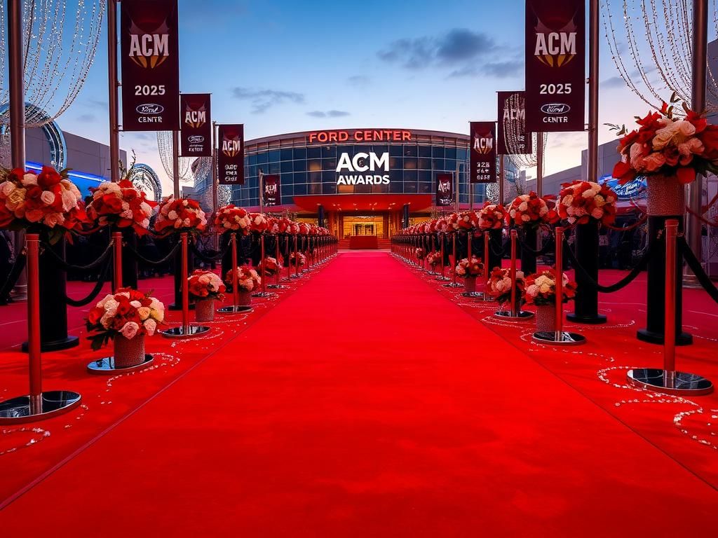 Flick International A vibrant red carpet scene at the 2025 ACM Awards featuring black stanchions and floral arrangements